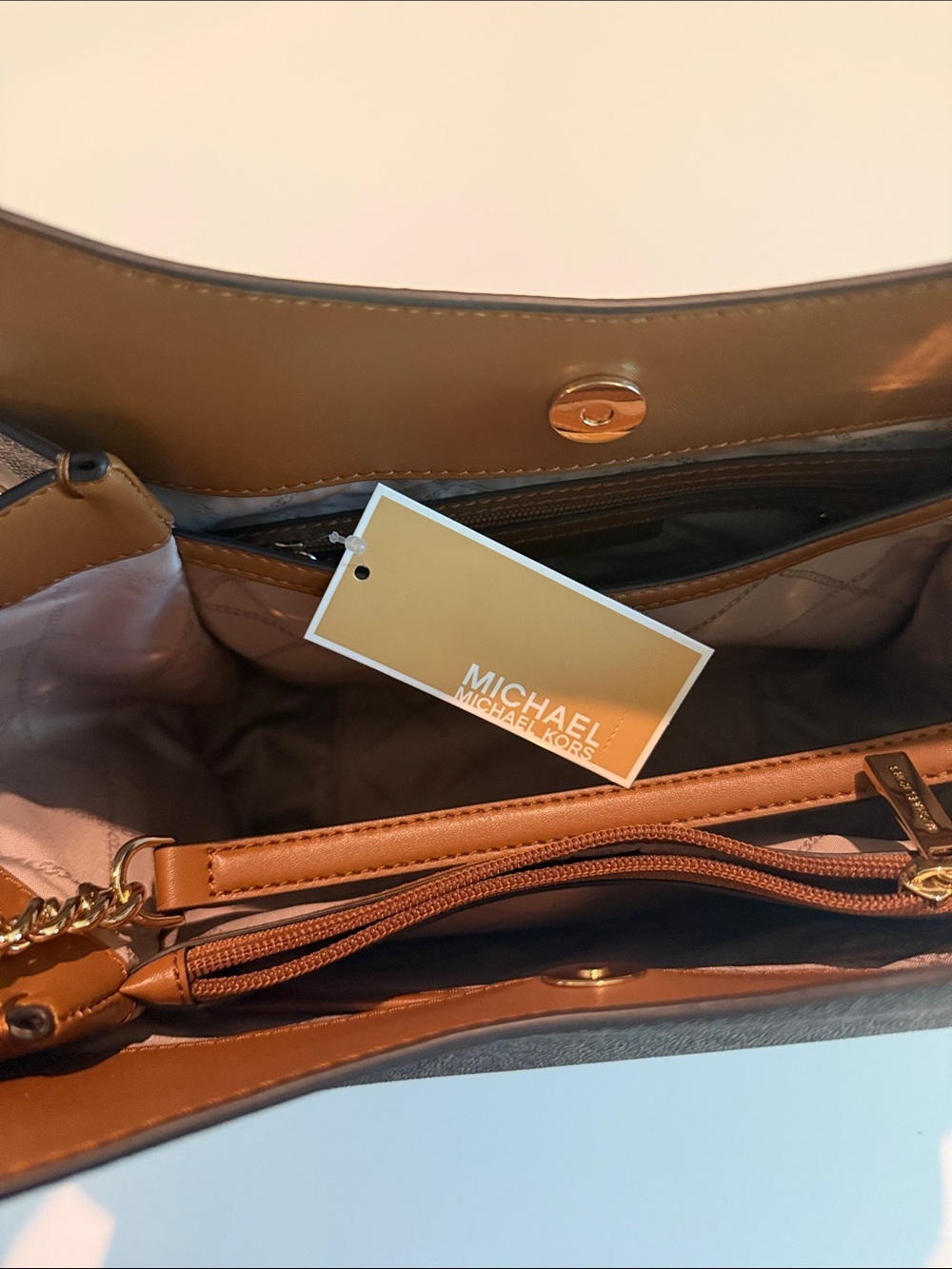 Michael Kors Logo Shoulder Tote with Tan Trim and Gold Chain - Picture 6 of 6
